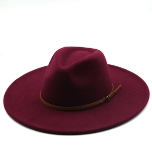 Classic wide brim wool fedora hat in dark red with a stylish brown leather band and metal buckle