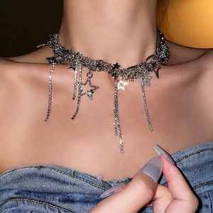 Star tassel choker necklace with sparkling crystals and silver star pendants for women