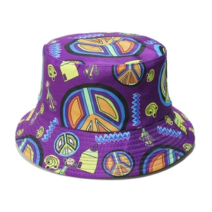 Peace Sign Graffiti Print Bucket Hat Polyester Foldable Sun Protection Purple Streetwear Fisherman Cap For Men Women