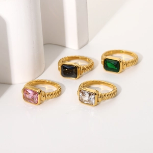 French vintage gold twisted rings with rectangular emerald pink black and clear stones