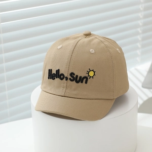 Detailed embroidery of Hello Sun and yellow icon on a khaki kids baseball cap
