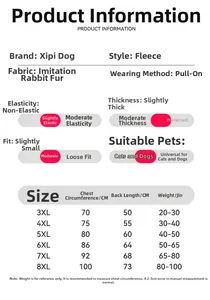 Size chart for large dog polka dot fleece jumpsuit showing measurements from 3XL to 8XL