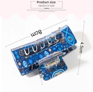 Detail view of rectangular blue eye hair claw clip with 8cm length dimensions