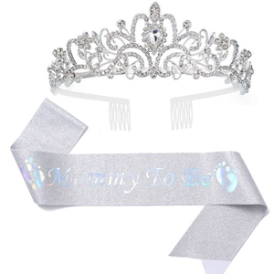 Mommy To Be kit featuring a sparkling rhinestone crown and glitter sash for baby showers