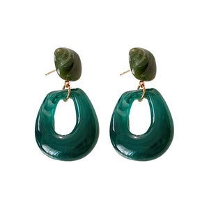 Geometric resin earrings with green marble pattern and wooden style in nature-inspired design