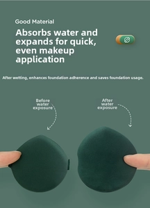 Macro view showing water-activated expansion of dark green makeup sponge from dry to wet state
