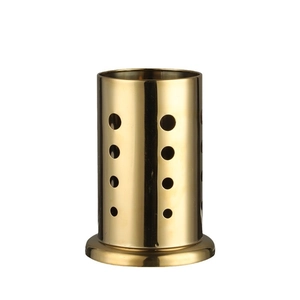 Modern golden stainless steel cutlery holder with round hollow design and drip base