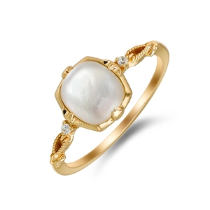 Elegant 925 Sterling Silver Gold Plated Geometric Square Shell Ring For Women Vintage Zirconia Inlaid Commute Fashion Jewelry