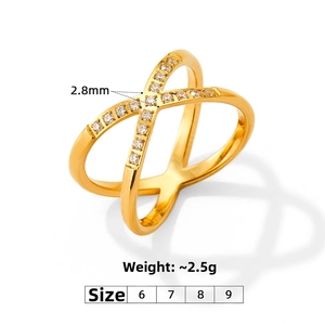 Detail of gold X-shaped criss-cross ring with pavé zircons weighing 2.5g and 2.8mm wide