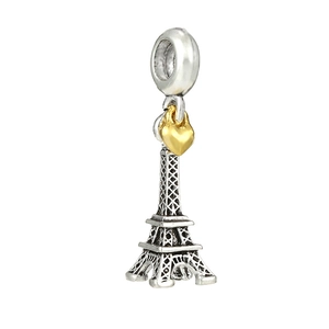 Vintage silver Eiffel Tower charm with gold heart pendant for 3mm snake chain bracelet