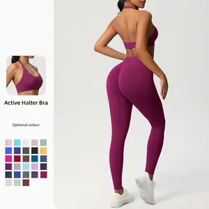 Reggiseno Sportivo Halter E Leggings A Vita Alta Maglia Senza Cuciture Tinta Unita Completi Yoga Palestra Fitness