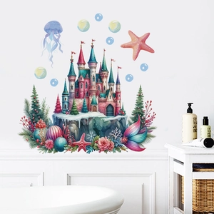 Sticker mural de château marin et animaux marins dans une salle de bain lumineuse