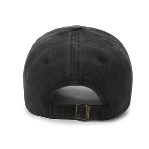 Back view of a black washed distressed baseball cap featuring an adjustable strap buckle.