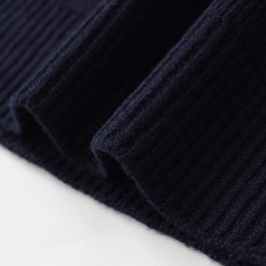 Fashionable dark blue ribbed knit sweater with turn-down collar and crochet lace detail