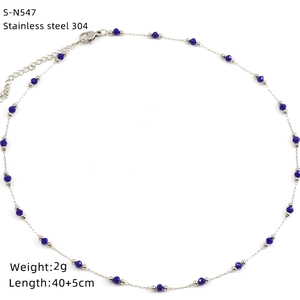 Detail view of 304 stainless steel necklace with blue beads and specifications display