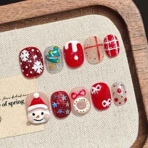 Handmade Christmas ABS Plastic Press On Nails Short Square Red Snowflake Snowman Tree Design Festive Nail Art