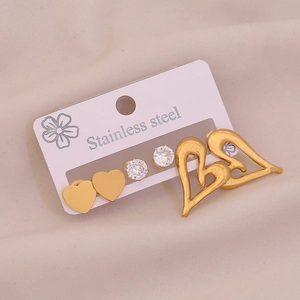 Set of 3 pairs stainless steel earrings with heart studs and clear zircon stones