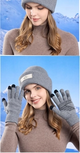 Close-up of grey knit balaclava hat and touch-screen gloves with anti-slip patterns