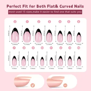 Detailed size chart for French press-on nails with 15 sets of black and pink tip sizes