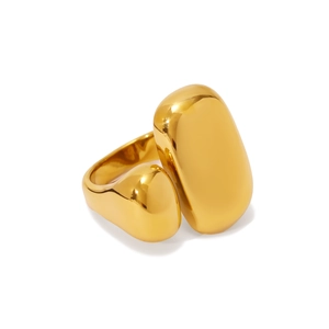 Minimalist gold geometric open ring featuring double pebble-shaped polished metal
