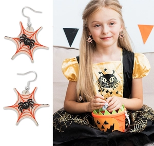 Spider web earrings for Halloween featuring black glitter spiders and orange web details