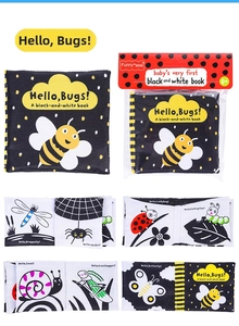 Detail showing high-contrast black and white insect cloth book for infant visual stimulation