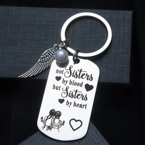 Stainless steel sisters keychain with angel wing and pearl in premium gift box