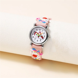 Montre licorne rose pour enfants avec bracelet en silicone 3D, arcs-en-ciel et nuages