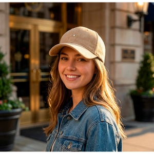 Close-up of beige corduroy herringbone baseball cap with crown logo worn by a model