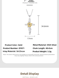 Detailed size chart for 925 sterling silver sunflower cross necklace with 5A cubic zirconia
