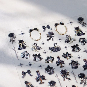 Dark aesthetic nail stickers with black cat and rose patterns featuring laser glitter finish