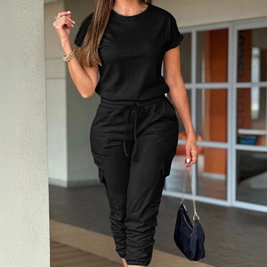 Women Casual Outfit Short Sleeve T-Shirt And Cargo Pants Drawstring Waist Pockets Solid Color Streetwear Loungewear