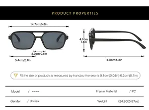 Detailed size chart for square PC frame sunglasses showing dimensions and temple length