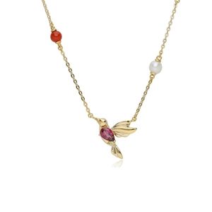 Classic S925 sterling silver hummingbird necklace with pink stone and pearl accents