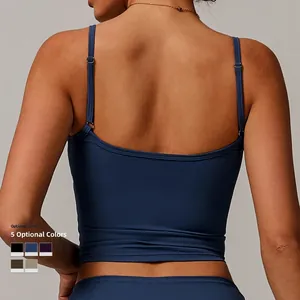 Navy blue recycled yoga tank top with adjustable straps shown from a back view