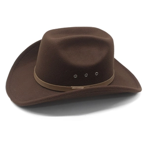 Detail of dark brown wool cowboy hat featuring metallic eyelets and decorative band