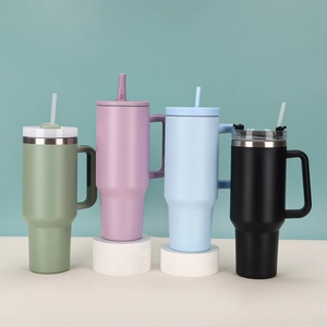 40oz stainless steel insulated tumblers with straw and handle in four assorted colors