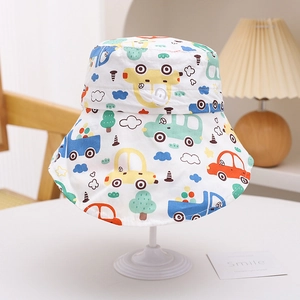 Close-up of kids cartoon print sun hat with car patterns and adjustable chin strap