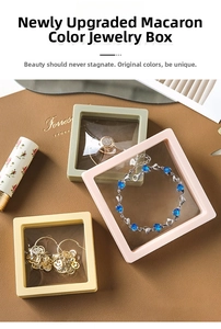 Detailed view of macaron-colored PE film suspension jewelry boxes with items inside