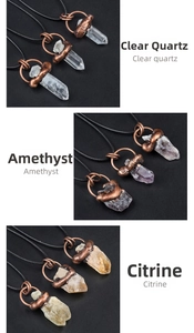 Detailed comparison of natural amethyst, citrine and quartz crystal pendants on cords