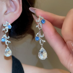 Detailed close-up of long silver tassel earrings with blue gemstones and sparkling crystals