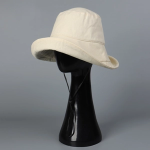 Beige UPF50+ wide brim sun hat with adjustable black windproof chin strap for women