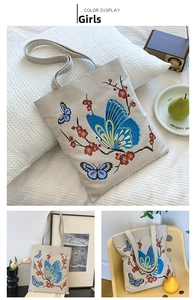 Detailed close-up of butterfly print canvas tote bag with floral patterns in rustic style