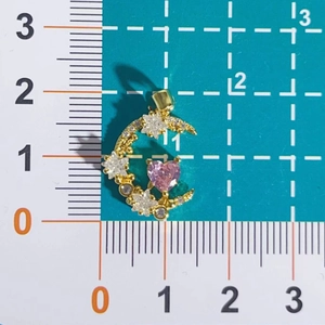 18K gold crescent moon pendant with pink heart gemstone and star texture on grid
