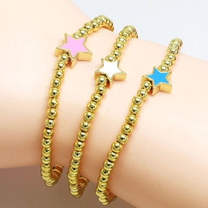Three gold beaded star charm bracelets with pink, white, and blue enamel pendants