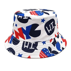 Detail of pop art canvas bucket hat with NYC letters and American flag pattern