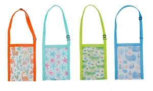 Detailed set of kids mesh beach bags with colorful dinosaur and whale animal prints