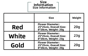 Size information for 25cm glitter Christmas flower ornaments with weight details