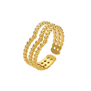 Detail of adjustable gold-plated triple-layer beaded ring with hollow diamond pattern