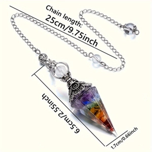 Detail of colorful chakra crystal pendulum with dimensions and antique metal finish